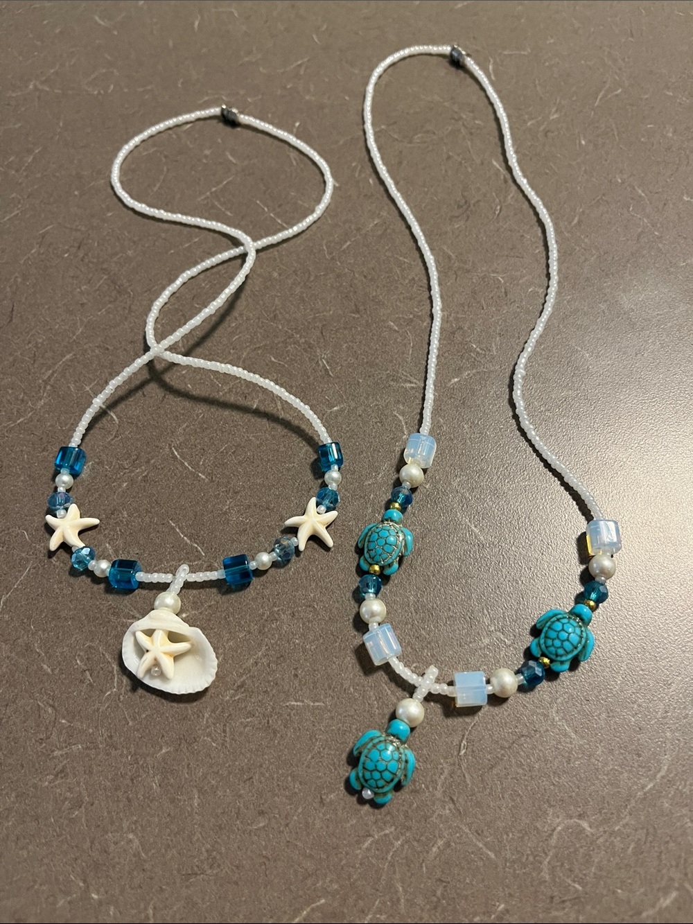 2 Handmade Turquoise & White Beach Necklace - Turtle and Shell Charms